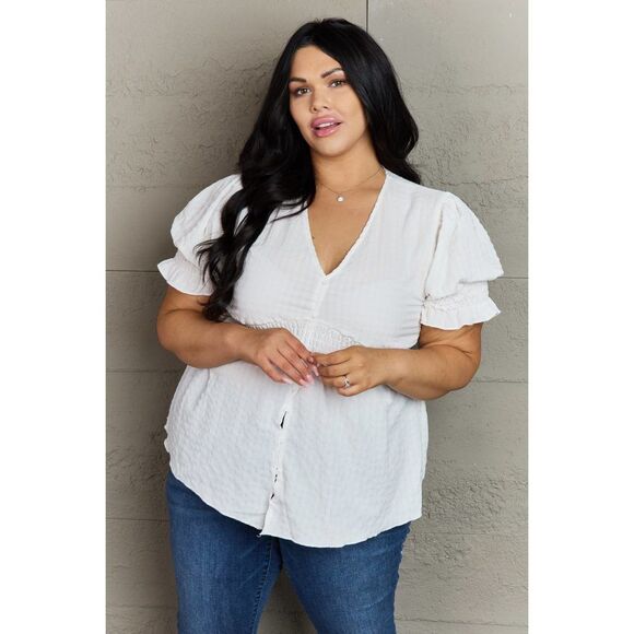 Culture Code Sweet Serenity Full Size V-Neck Puff Sleeve Button Down Top - Picture 7 of 13